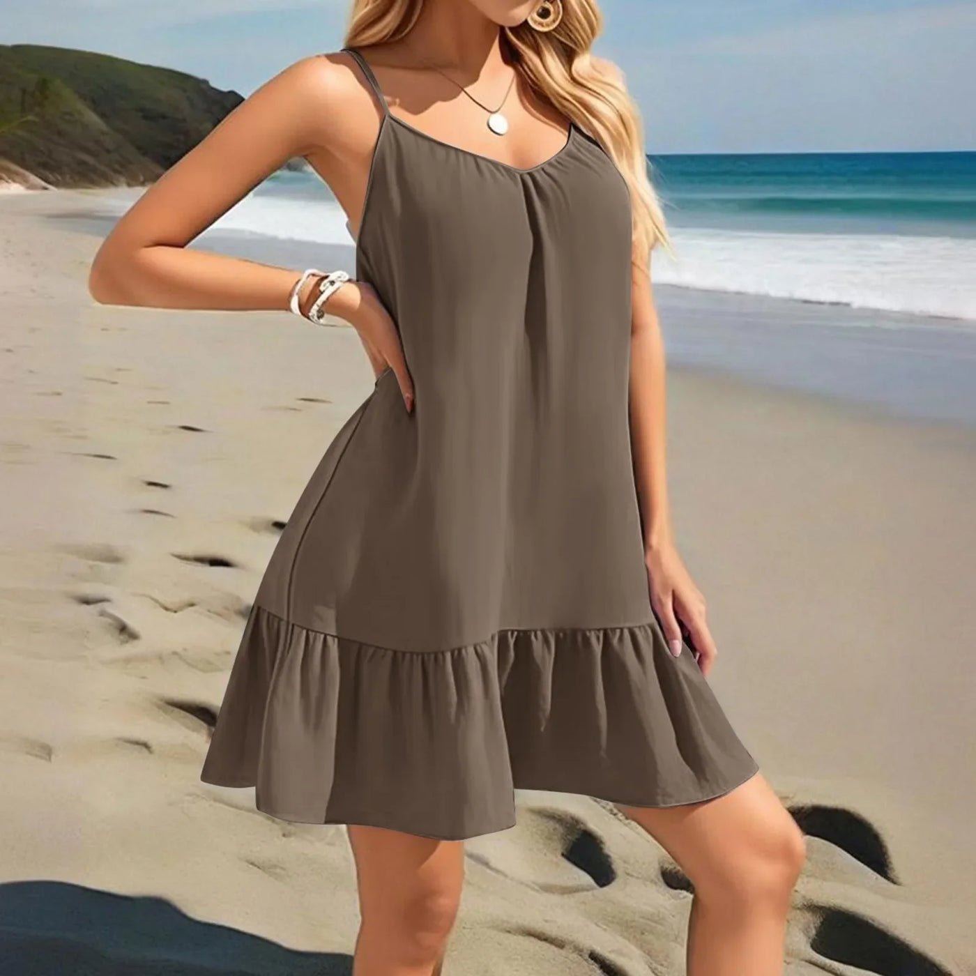 Spaghetti Strap Ruffle Dress – Sleeveless Beach Look