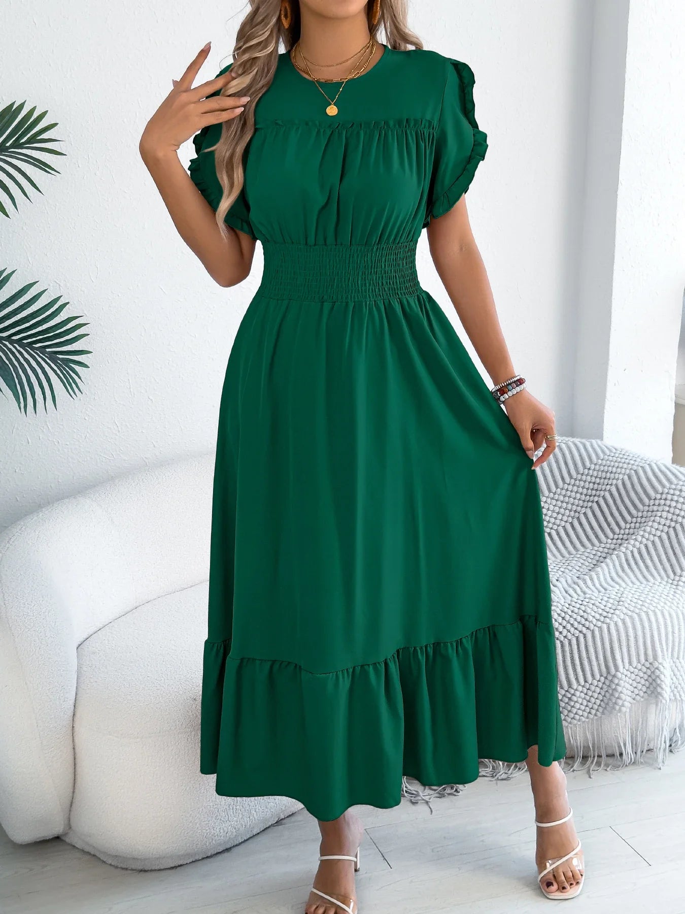 Ruffle Maxi Dress – Cinched Waist Elegant Spring Look