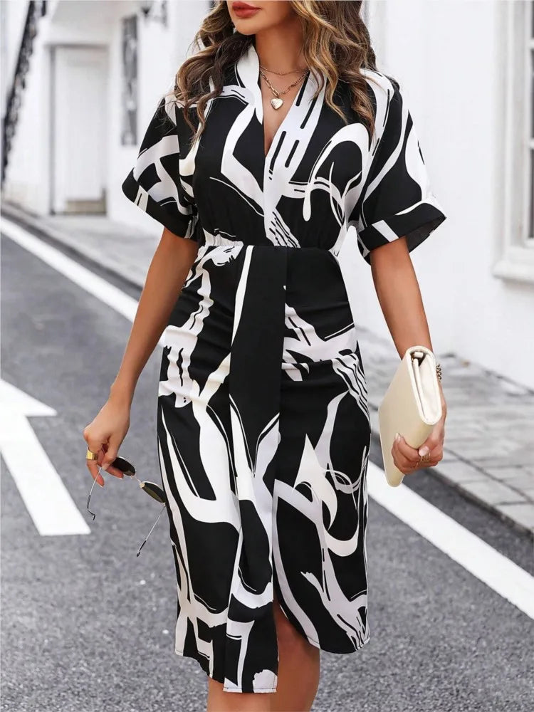 Printed V-Neck Split Dress – High Waist Pullover Style for Summer