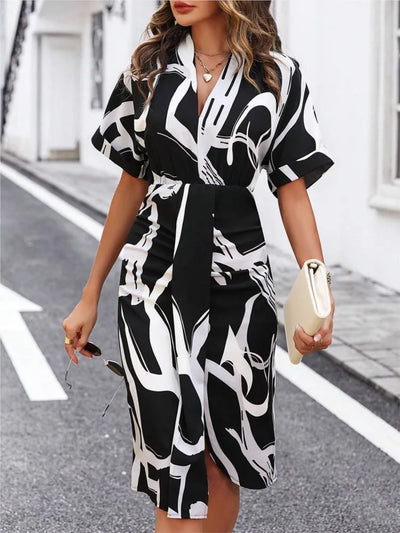 Printed V-Neck Split Dress – High Waist Pullover Style for Summer