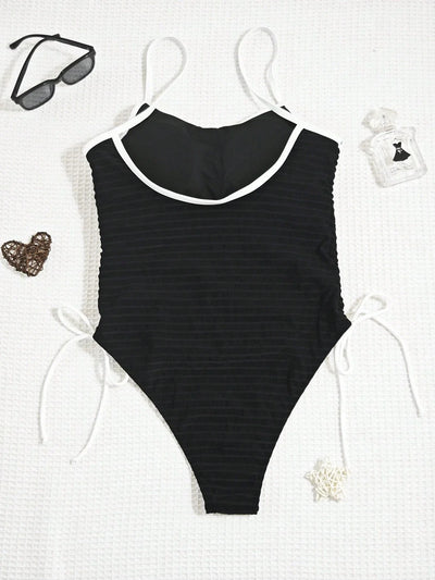 Black One-Piece Swimsuit – Tummy Control & Backless Tie
