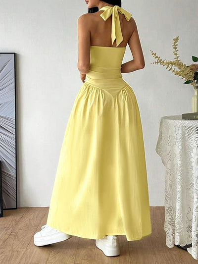 Backless Halter Maxi Dress – Solid Color V-Neck Slim Fit for Summer