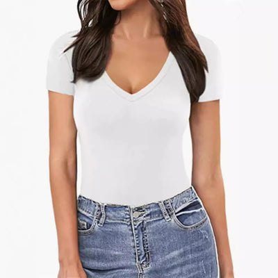 V-Neck Bodysuit – Sexy Short Sleeve Slim Fit