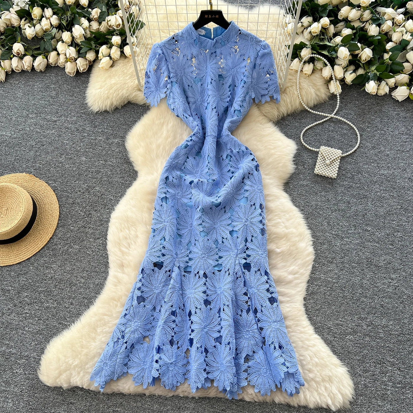 Slim Fit Lace Maxi Dress – French Hollow Out Style