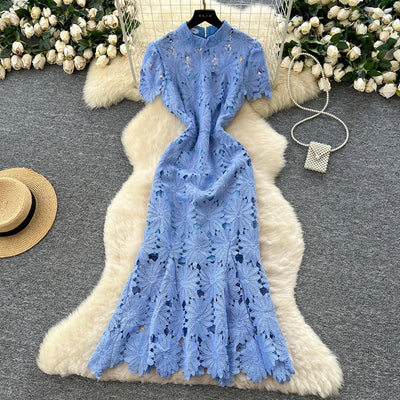 Slim Fit Lace Maxi Dress – French Hollow Out Style
