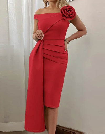 Elegant Midi Dress with Rose Detail – Asymmetrical Party Style