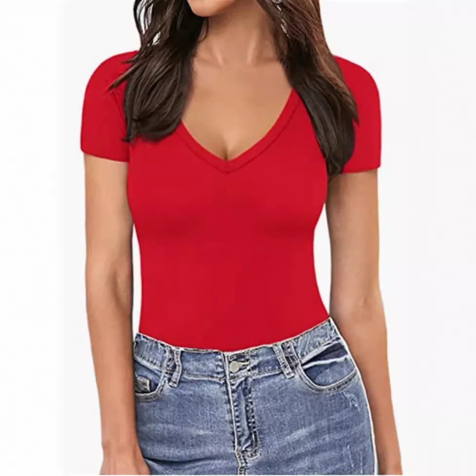 V-Neck Bodysuit – Sexy Short Sleeve Slim Fit