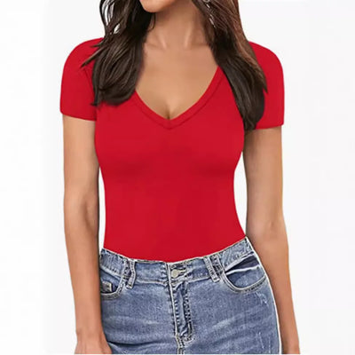 V-Neck Bodysuit – Sexy Short Sleeve Slim Fit