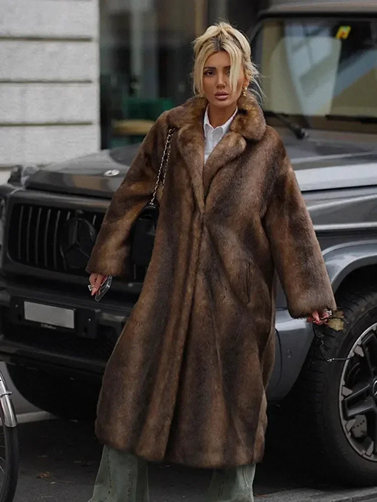 Dark Brown Faux Fur Long Overcoat