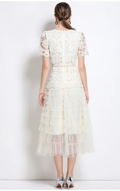 Luxury Lace Embroidered Midi Dress – A-Line Party Style 2025
