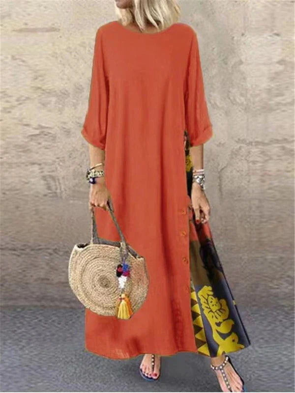 Vintage Print Maxi Dress – Elegant O-Neck Mid Sleeve Streetwear Style