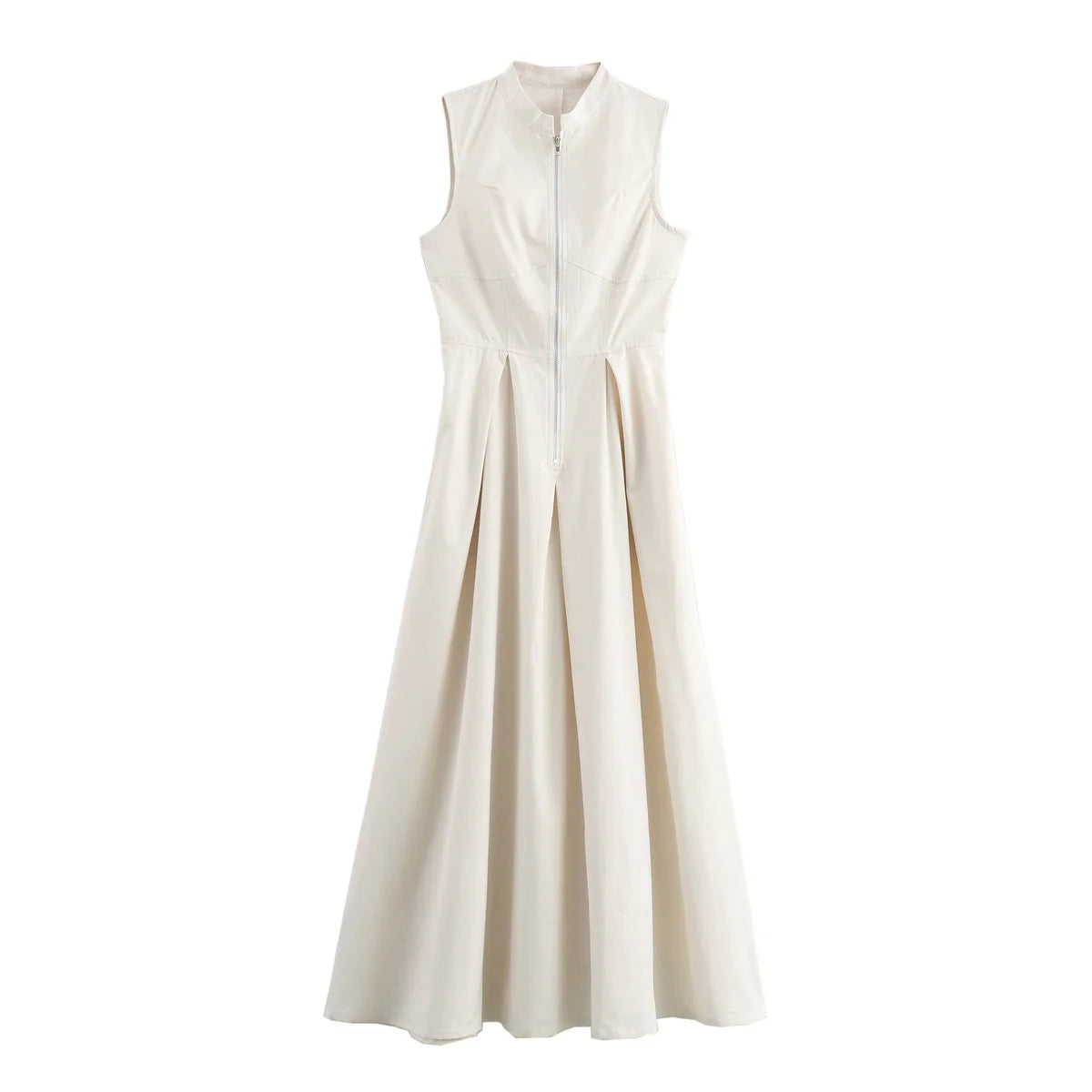 Round Collar Sleeveless Pleated Slim Dress