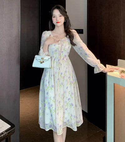 Chiffon Splice Midi Dress – Loose Fit Korean Style 2025