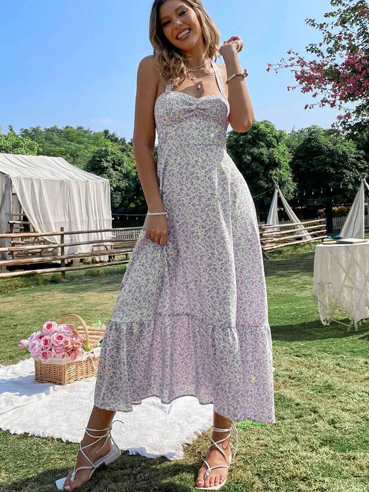Green Floral Backless Ruffle Midi Dress – Summer 2024