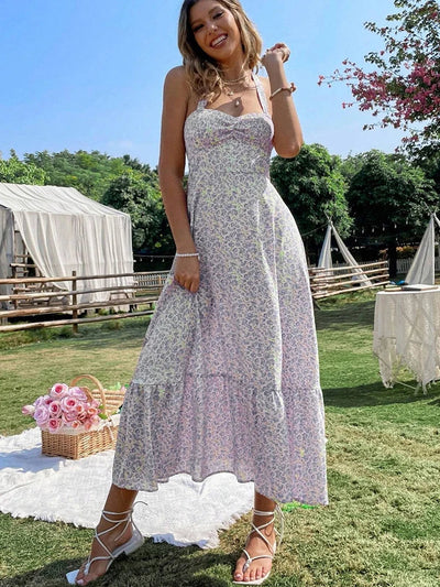 Green Floral Backless Ruffle Midi Dress – Summer 2024