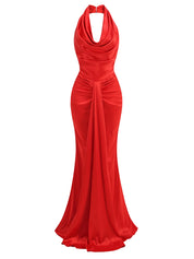 Red Sleeveless Halter Maxi Long Dress