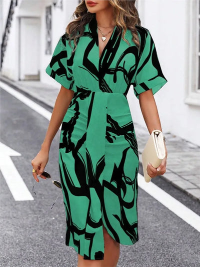 Printed V-Neck Split Dress – High Waist Pullover Style for Summer