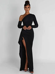 Oblique Shoulder Thigh High Split Maxi Dress