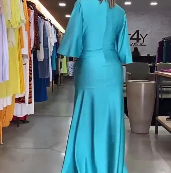 Elegant V-Neck Maxi Dress – Autumn A-Line Party Style