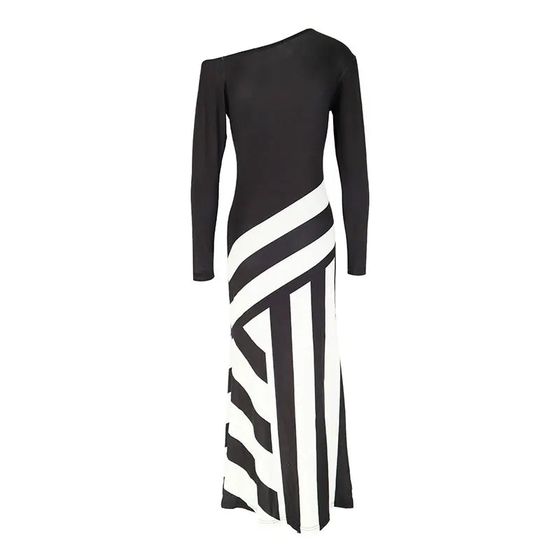 Black & White Patchwork Knitted Maxi Dress – Slim Streetwear