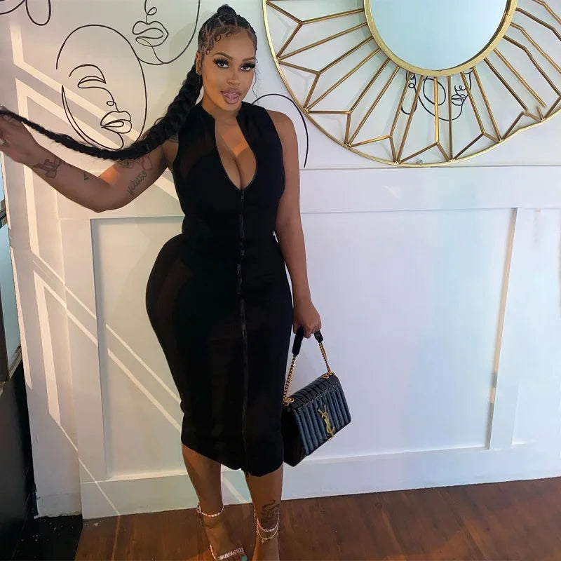 Sleeveless Black Bodycon Dress – Zipper Streetwear Summer Style