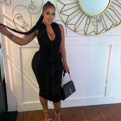 Sleeveless Black Bodycon Dress – Zipper Streetwear Summer Style