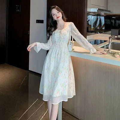 Chiffon Splice Midi Dress – Loose Fit Korean Style 2025