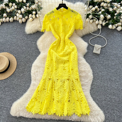 Slim Fit Lace Maxi Dress – French Hollow Out Style