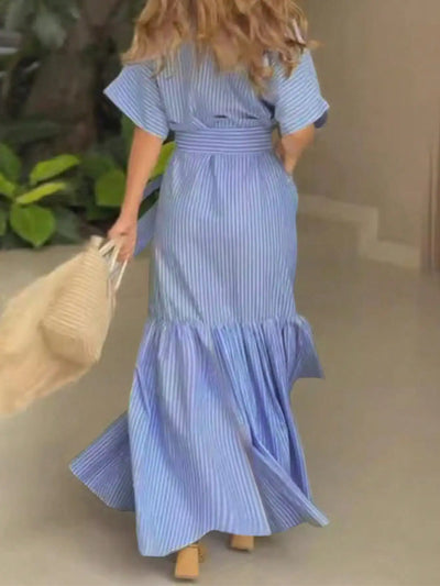 High Waist Shirt Collar Dress – Flounce Hem & Lace-Up Waist