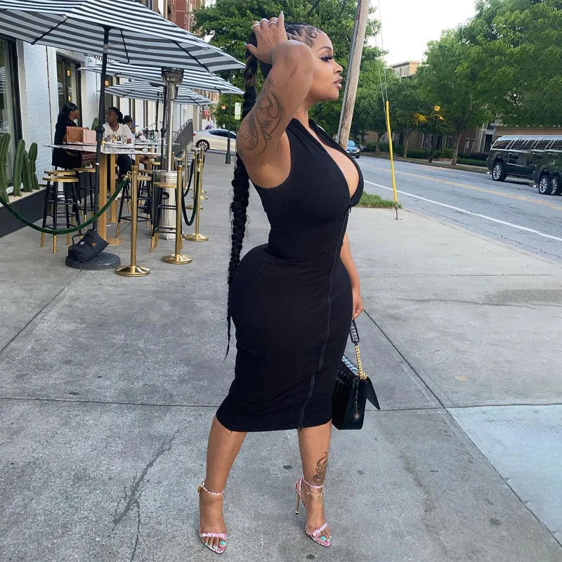 Sleeveless Black Bodycon Dress – Zipper Streetwear Summer Style