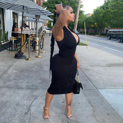Sleeveless Black Bodycon Dress – Zipper Streetwear Summer Style