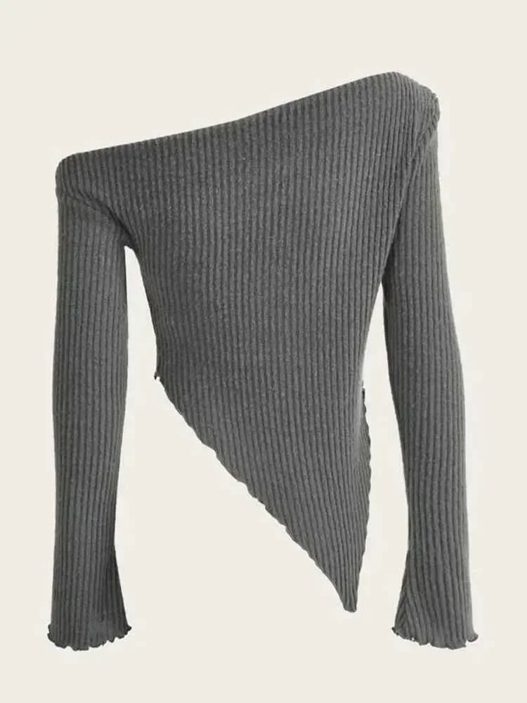 Winter Asymmetrical Neck Rib-knit Top