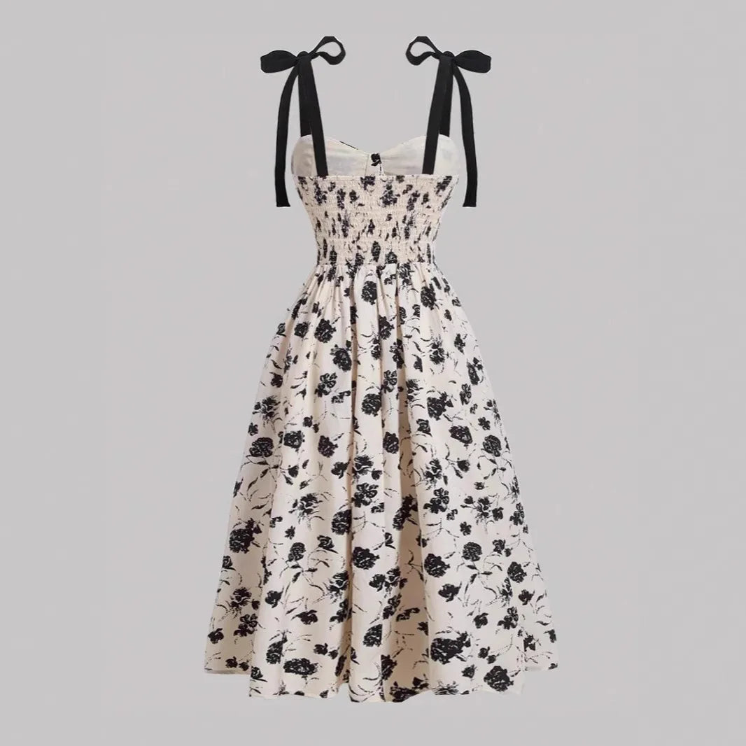 Floral Lace-Up Maxi Dress – Vintage Shoulder Strap Style for Summer