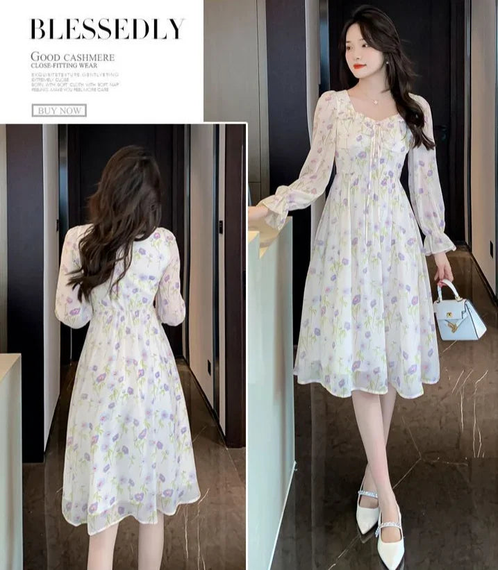Chiffon Splice Midi Dress – Loose Fit Korean Style 2025