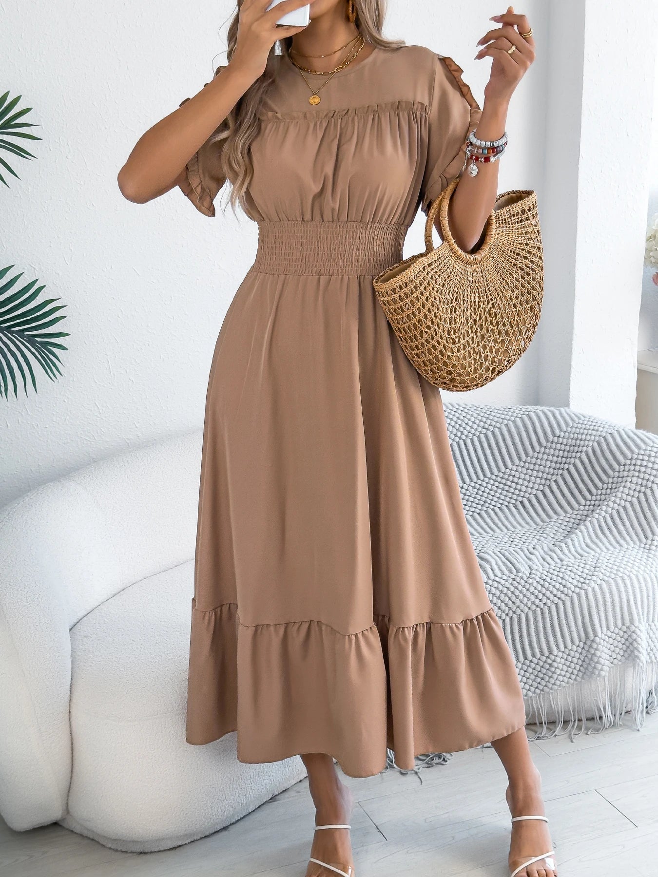Ruffle Maxi Dress – Cinched Waist Elegant Spring Look
