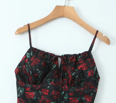 Vintage Floral Bodycon Midi Dress – Black Tie Front (Summer 2025)