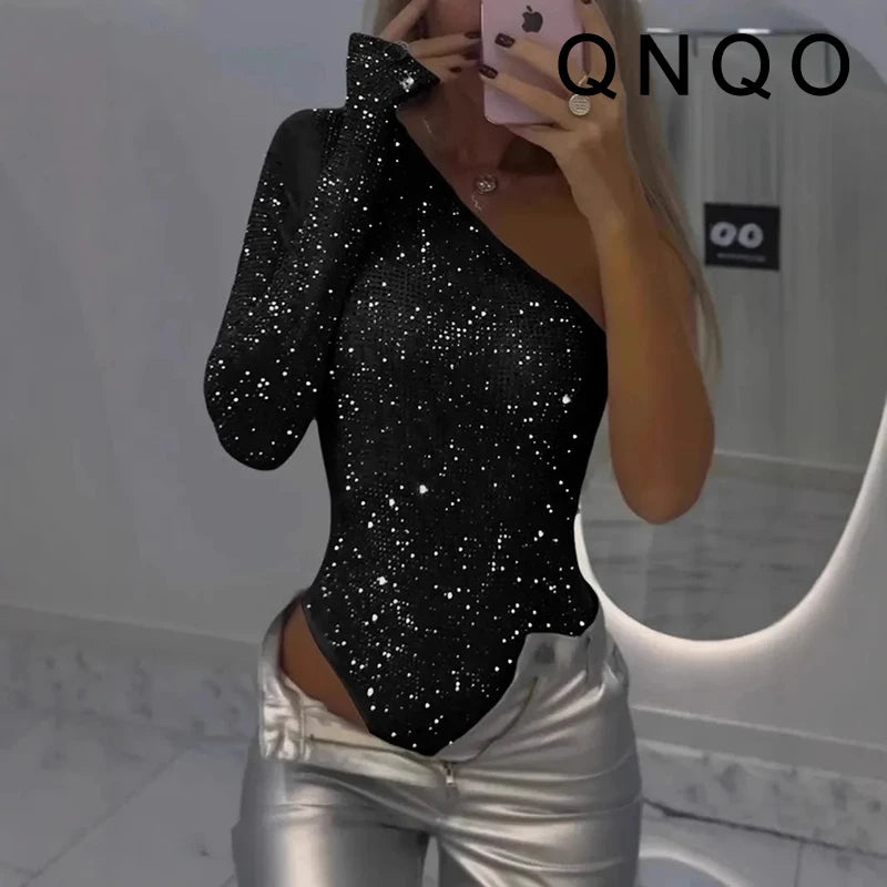 Sequined Asymmetrical Off Shoulder Bodysuit