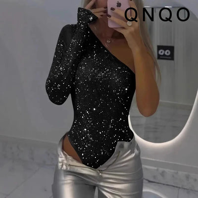 Sequined Asymmetrical Off Shoulder Bodysuit