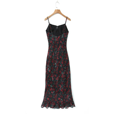 Vintage Floral Bodycon Midi Dress – Black Tie Front (Summer 2025)