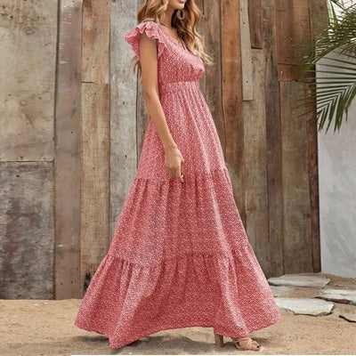 Printed V-Neck Split Dress – Summer High Waist Style