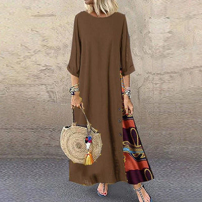 Vintage Print Maxi Dress – Elegant O-Neck Mid Sleeve Streetwear Style