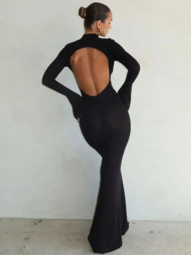 Elegant Black Back Hollow Out Maxi Dress