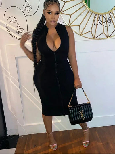 Sleeveless Black Bodycon Dress – Zipper Streetwear Summer Style
