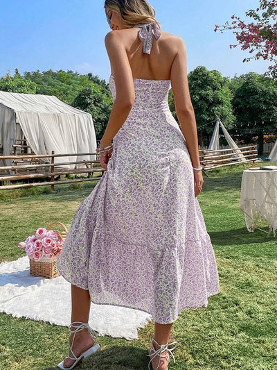 Green Floral Backless Ruffle Midi Dress – Summer 2024