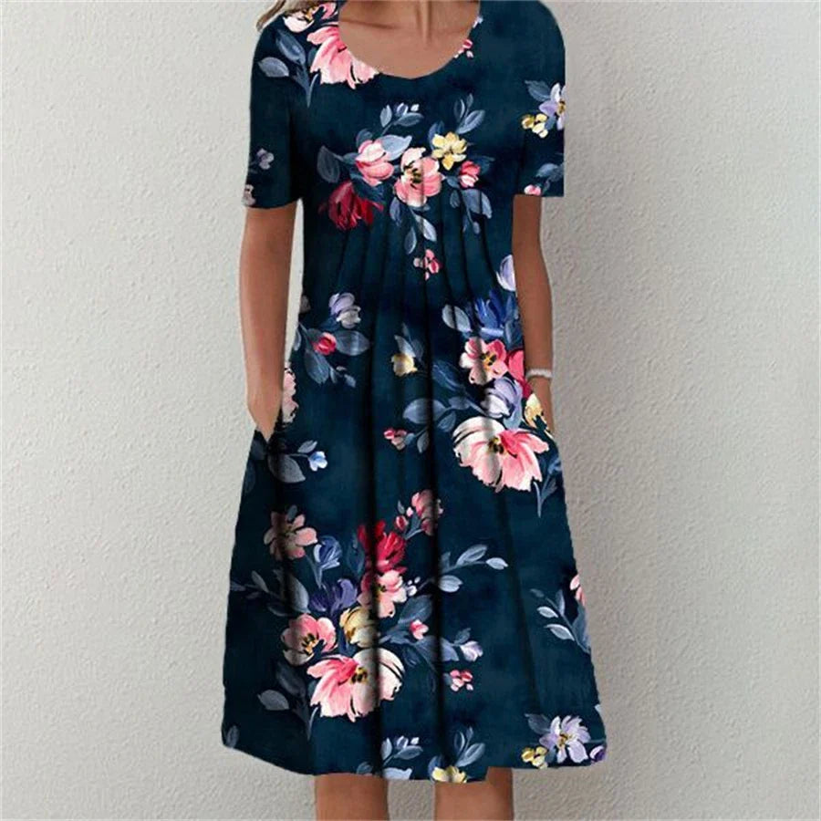 Elegant Loose Fit Dress – Casual Short Sleeve Weekend Look