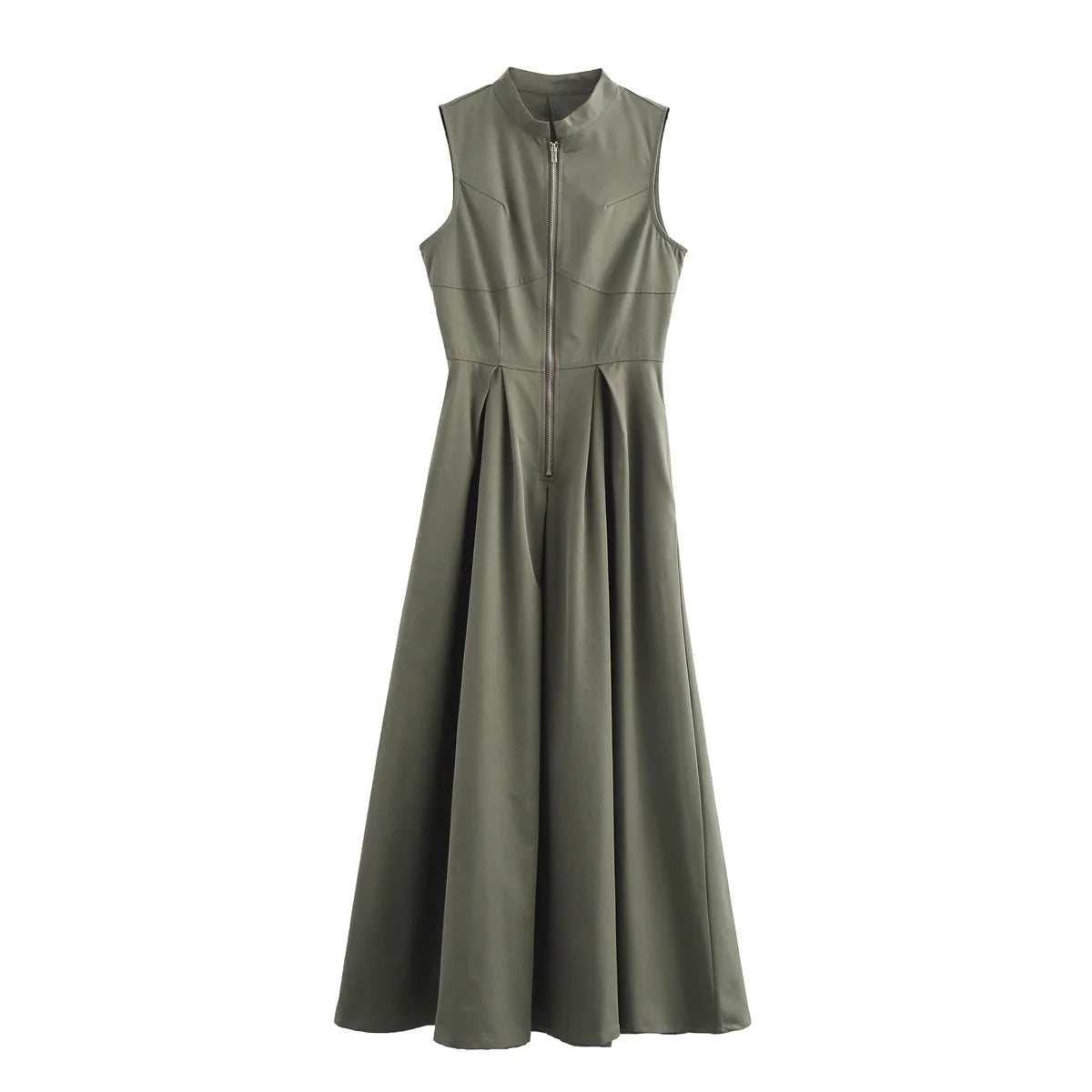 Round Collar Sleeveless Pleated Slim Dress