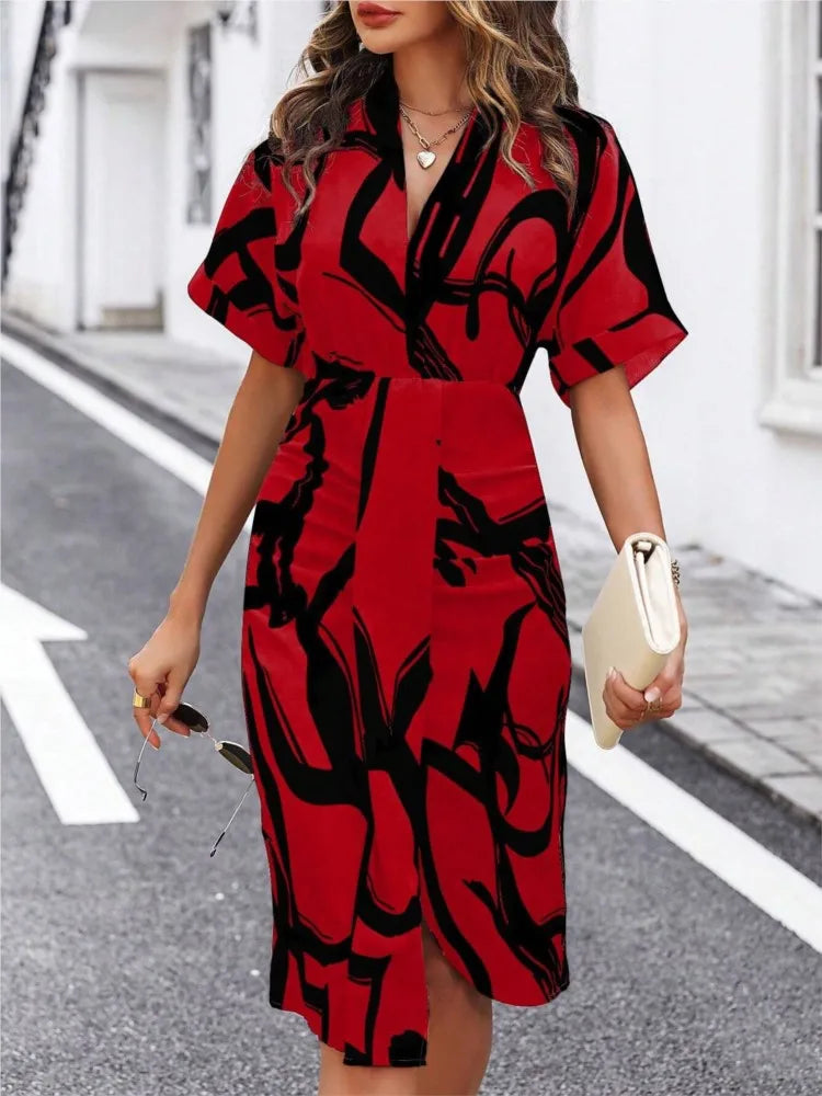 Printed V-Neck Split Dress – High Waist Pullover Style for Summer