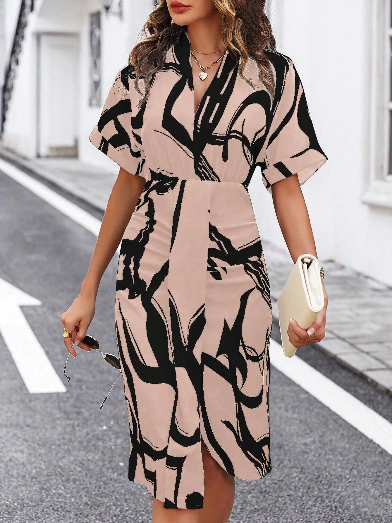 Printed V-Neck Split Dress – High Waist Pullover Style for Summer
