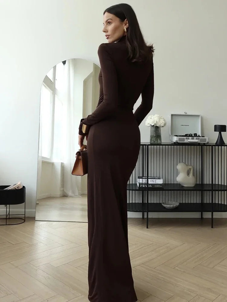 Turtleneck Thigh High Split Sexy Maxi Dress