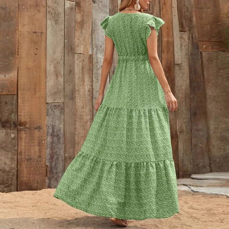 Printed V-Neck Split Dress – Summer High Waist Style